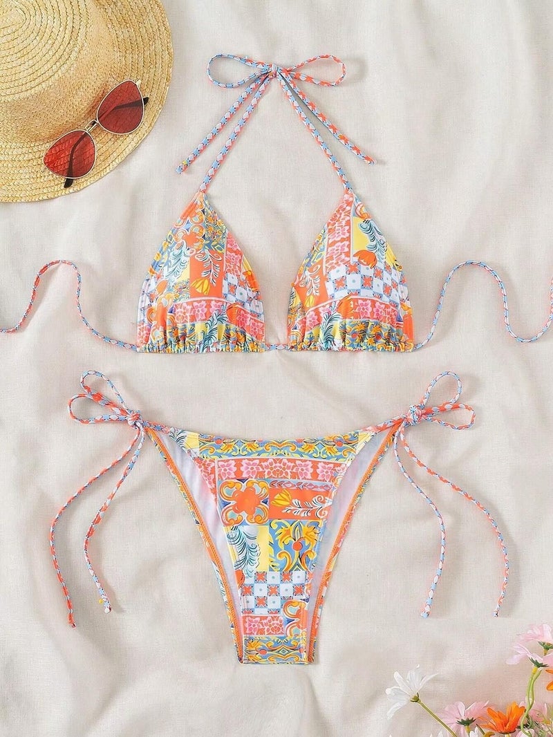 Falainetee Women's Floral Print Bathing Suit High Waisted Halter Swimsuit Bikini Set Yellow S - Image 5