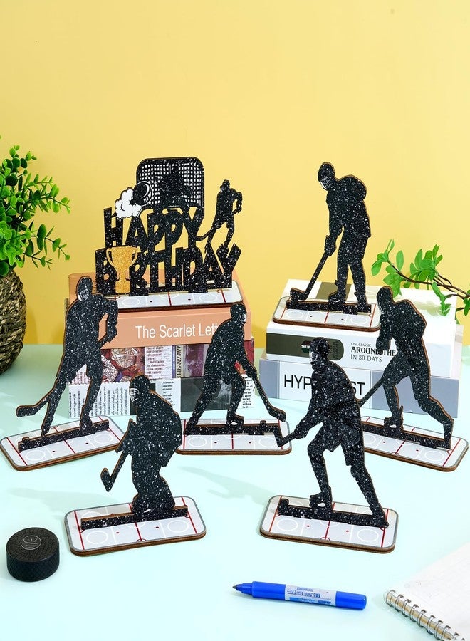 APUDWN 7 Pcs Hockey Party Decorations, Hockey Happy Birthday Wooden Table Signs, Glitter Ice Player Silhouette Centerpieces with Bases for Lovers Boys Girls Club Birthday Party Supplies Gifts - Image 4