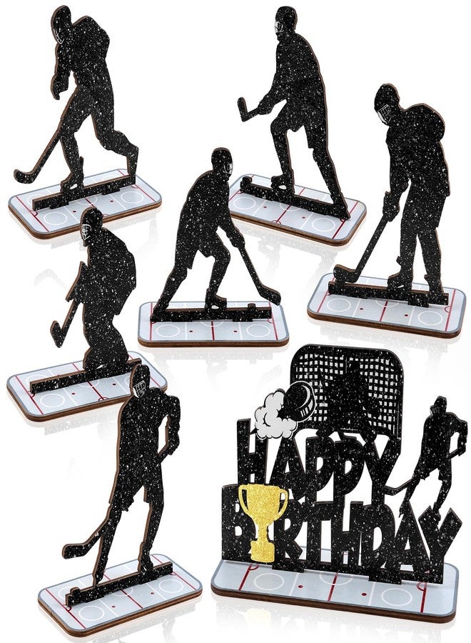APUDWN 7 Pcs Hockey Party Decorations, Hockey Happy Birthday Wooden Table Signs, Glitter Ice Player Silhouette Centerpieces with Bases for Lovers Boys Girls Club Birthday Party Supplies Gifts - Image 1