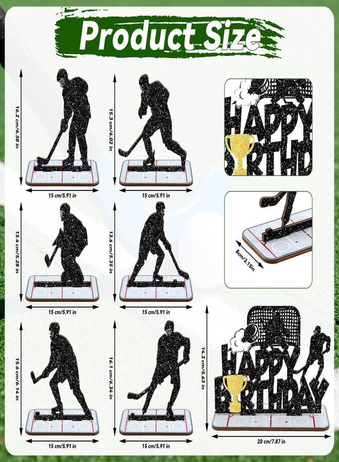 APUDWN 7 Pcs Hockey Party Decorations, Hockey Happy Birthday Wooden Table Signs, Glitter Ice Player Silhouette Centerpieces with Bases for Lovers Boys Girls Club Birthday Party Supplies Gifts - Image 2