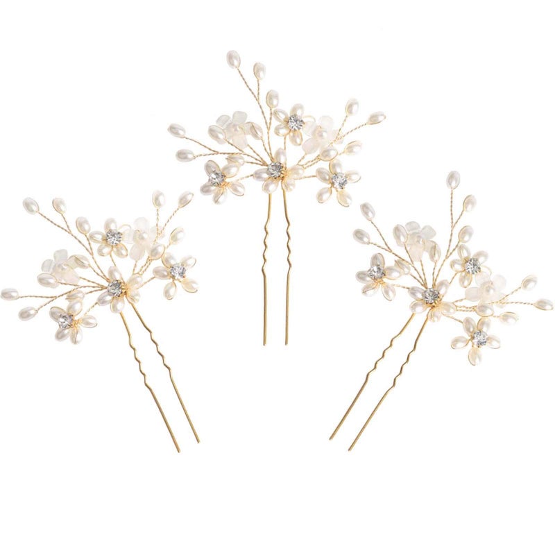 Sppry Wedding Hair Pins 3 Pcs  Elegant Pearl Floral Crystal Hair Accessories for Bridal Women Gold