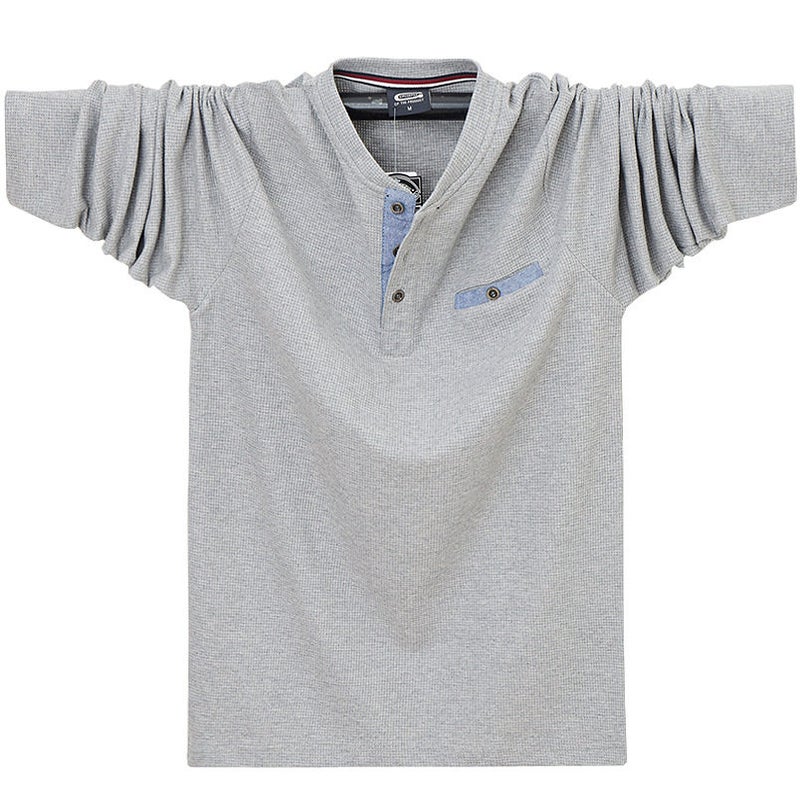 Trendy men's spring and autumn clothes, plus-size thin cotton long-sleeved T-shirt, loose Henry collar autumn clothes, Chinese style undershirt - Image 1