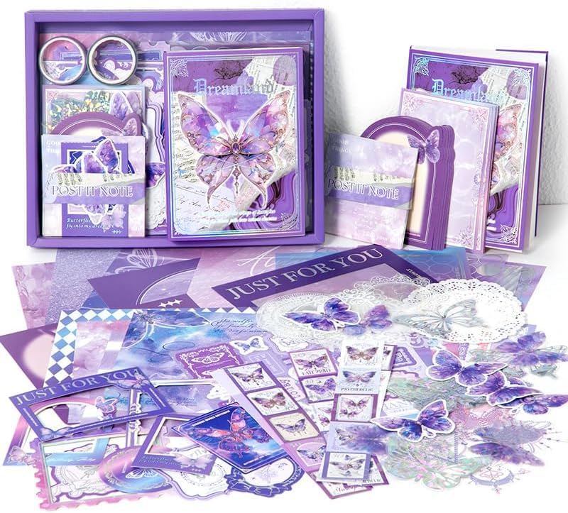 GKN Paper Scrapebook Kit Scrapbooking Supplies Kit Vintage Butterfly Aesthetic Scrapbook Kit for Junk Journal Stationery Bullet A6 Grid Notebook DIY Scrapbook Birthday Gift, Purple Butterfly - Image 1