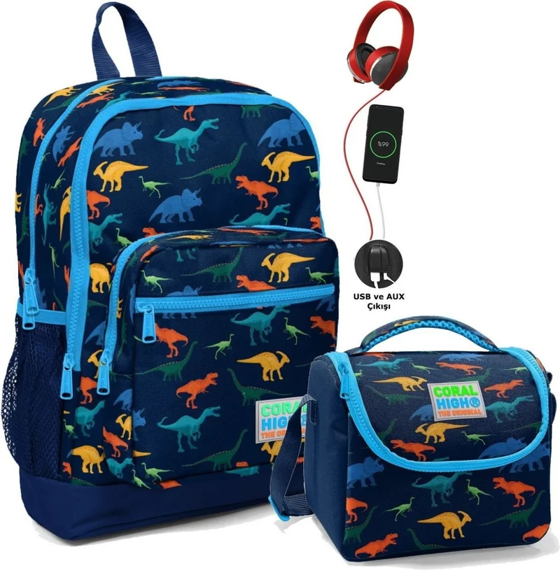 CORAL HIGH School Bag and Lunch Box Set - Boy Navy Blue Dinosaur - USB Socket