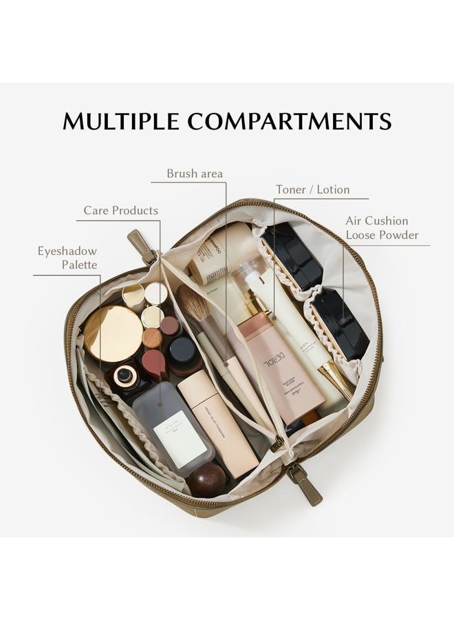 EACHY Travel Makeup Bag, Faux Suede Cosmetic Bags for Women,Large Capacity Portable Pouch Open Flat Toiletry Bag Make up Organizer with Divider and Handle - Image 2