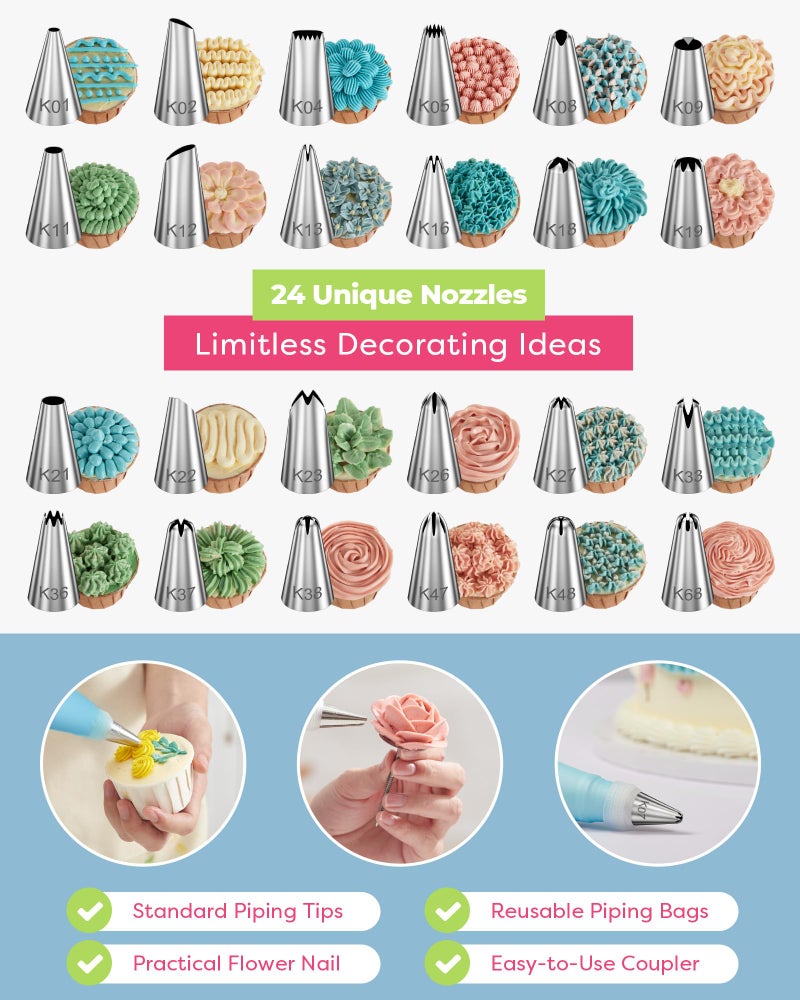 Kootek 32-Piece Piping Bags and Tips Set with 24 Icing Piping Tips, 2 Reusable Pastry Bags 12 Inch, Reusable Piping Icing Bags and Tips, Cake Decorating Kit for Frosting Cookie, Cupcake - Image 2