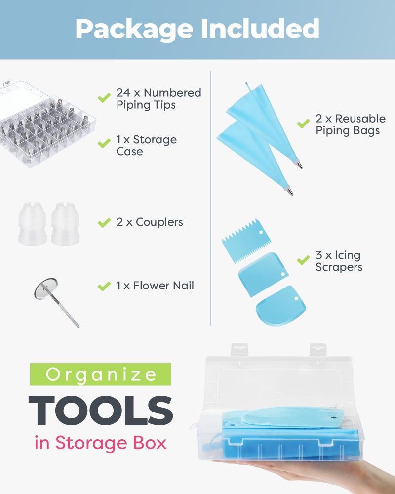 Kootek 32-Piece Piping Bags and Tips Set with 24 Icing Piping Tips, 2 Reusable Pastry Bags 12 Inch, Reusable Piping Icing Bags and Tips, Cake Decorating Kit for Frosting Cookie, Cupcake - Image 5