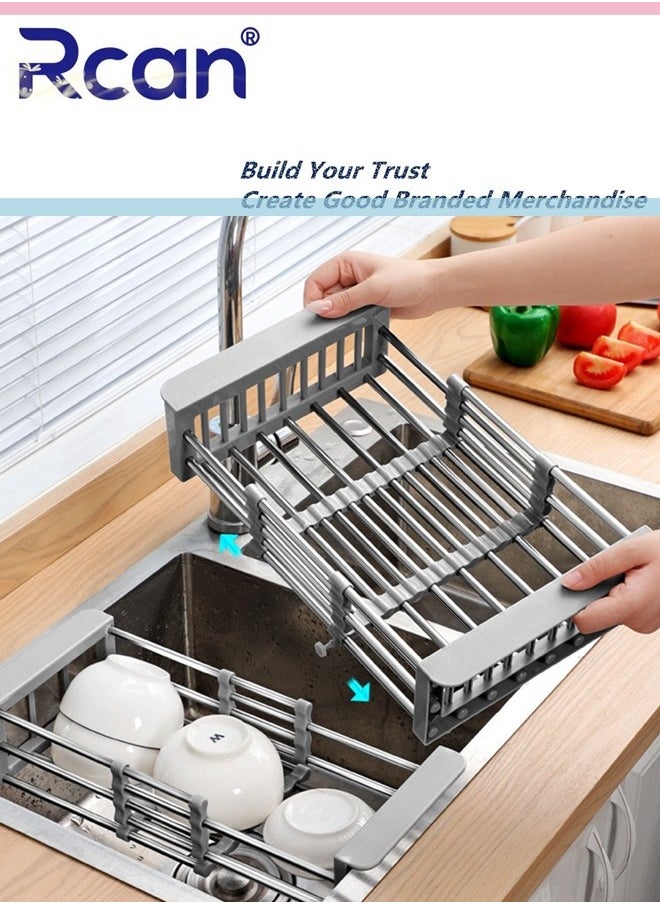 Rcan Expandable in Sink Dish Drying Rack, Over The Sink Dish Rack,Tableware Storage Rack Fruit and Vegetable Drain Basket Stainless Steel Dishwashing Rack for Kitchen Universal Sink Drain Rack  - Image 1