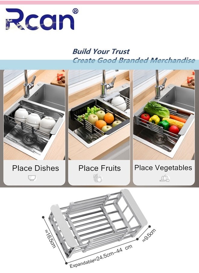 Rcan Expandable in Sink Dish Drying Rack, Over The Sink Dish Rack,Tableware Storage Rack Fruit and Vegetable Drain Basket Stainless Steel Dishwashing Rack for Kitchen Universal Sink Drain Rack  - Image 4