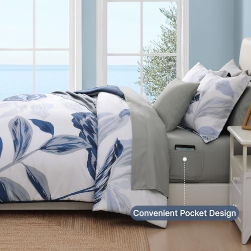 WRENSONGE Queen Comforter Set- 7 Pieces Blue Tropical Leaves Soft Bedding Sets, Coastal Bed in a Bag, Botanical Printed Comforter with Sheets for All Season - Image 4