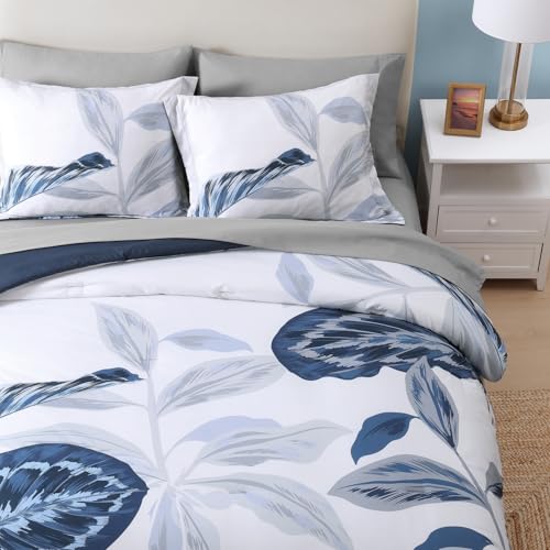 WRENSONGE Queen Comforter Set- 7 Pieces Blue Tropical Leaves Soft Bedding Sets, Coastal Bed in a Bag, Botanical Printed Comforter with Sheets for All Season - Image 3