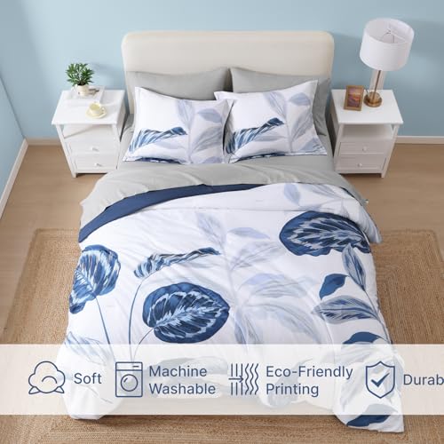 WRENSONGE Queen Comforter Set- 7 Pieces Blue Tropical Leaves Soft Bedding Sets, Coastal Bed in a Bag, Botanical Printed Comforter with Sheets for All Season - Image 5