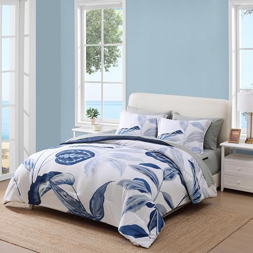 WRENSONGE Queen Comforter Set- 7 Pieces Blue Tropical Leaves Soft Bedding Sets, Coastal Bed in a Bag, Botanical Printed Comforter with Sheets for All Season - Image 2