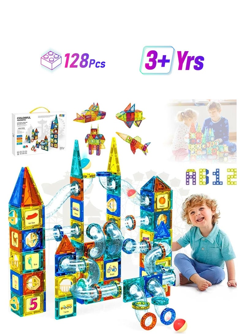 [128 Pcs] Magnetic Tiles for Kids, STEM Toys for 3+ Year Old Boys and Girls - Premium 3D Magnetic Pipeline Building Blocks Set for Toddlers - Kids Toys Creativity Construction Playboards  - Image 1