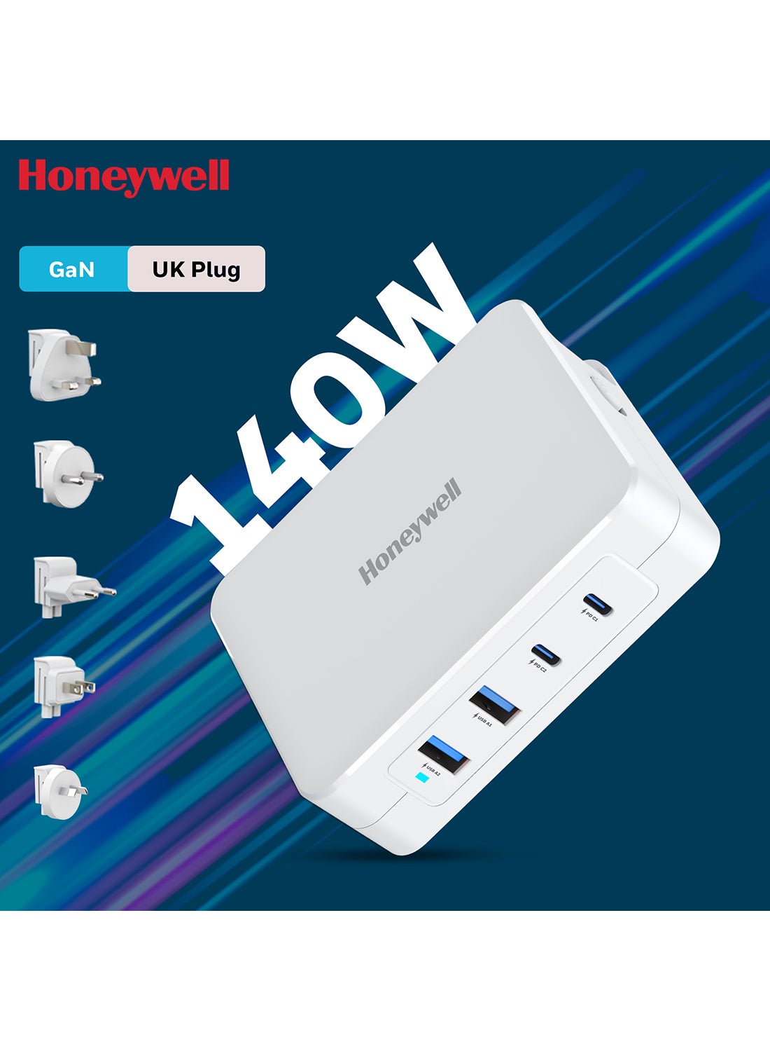 Honeywell GaN 140W Ultra-Fast Laptop Charger 2x USB-C And 2x USB For Laptop, Dell, HP, Macbook, Oneplus,ipad, iPhone 16/15/14/13/12/11, Google Pixel And Samsung Galaxy, 3 Yrs Manufacturer Warranty White