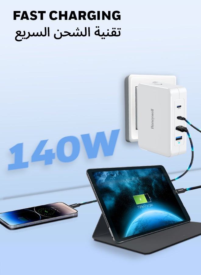 هوني ويل شاحن Zest GaN 140W، شاحن حائط فائق السرعة مع دعم PPS، 2 منفذ Type C PD 3.0 و2 منفذ USB A، مزود بمقابس قابلة للتبديل، متوافق مع iPhone وMacBook Air وGalaxy وأجهزة الكمبيوتر المحمولة - Image 2