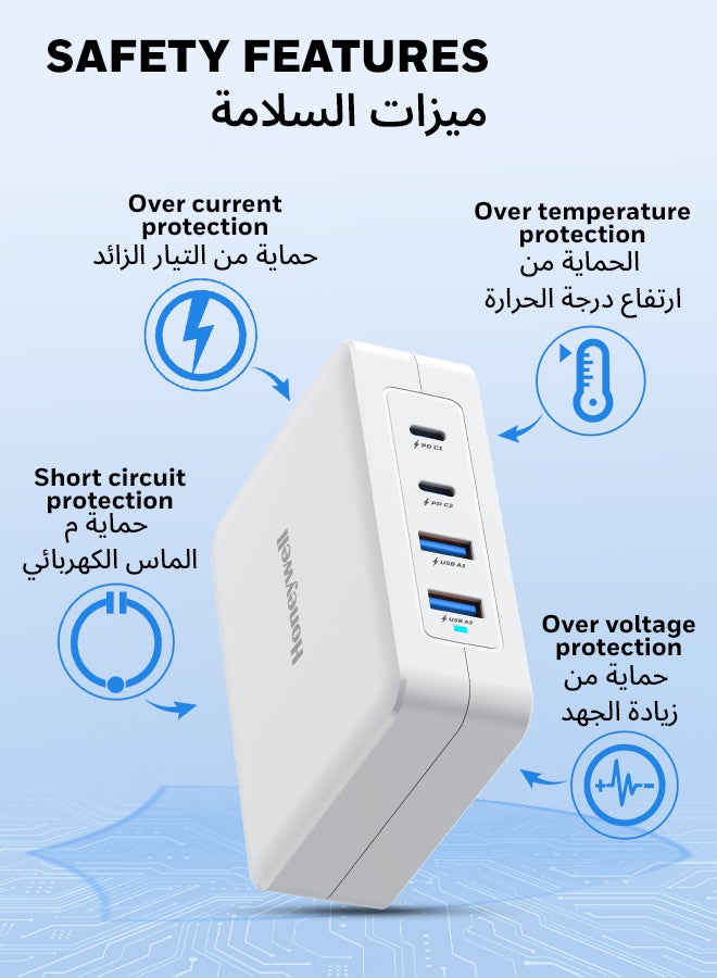 هوني ويل شاحن Zest GaN 140W، شاحن حائط فائق السرعة مع دعم PPS، 2 منفذ Type C PD 3.0 و2 منفذ USB A، مزود بمقابس قابلة للتبديل، متوافق مع iPhone وMacBook Air وGalaxy وأجهزة الكمبيوتر المحمولة - Image 3
