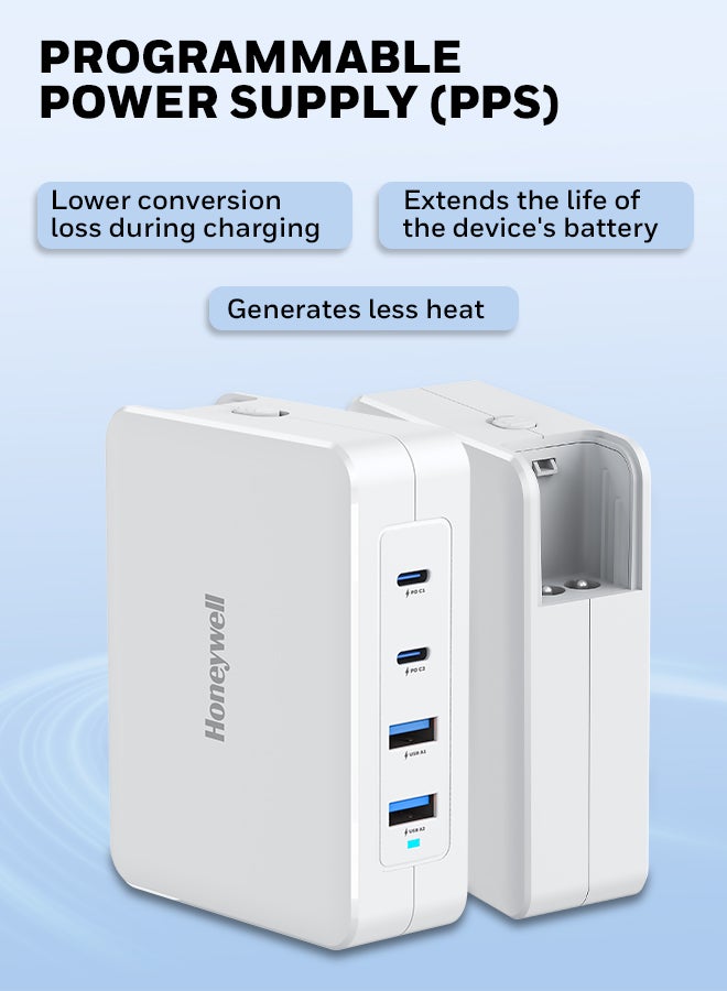 هوني ويل شاحن Zest GaN 140W، شاحن حائط فائق السرعة مع دعم PPS، 2 منفذ Type C PD 3.0 و2 منفذ USB A، مزود بمقابس قابلة للتبديل، متوافق مع iPhone وMacBook Air وGalaxy وأجهزة الكمبيوتر المحمولة - Image 4