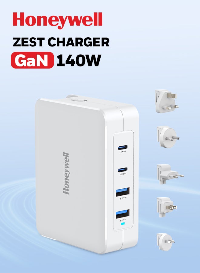 هوني ويل شاحن Zest GaN 140W، شاحن حائط فائق السرعة مع دعم PPS، 2 منفذ Type C PD 3.0 و2 منفذ USB A، مزود بمقابس قابلة للتبديل، متوافق مع iPhone وMacBook Air وGalaxy وأجهزة الكمبيوتر المحمولة - Image 1
