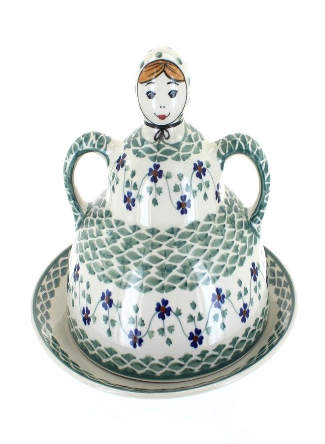 Blue Rose Pottery Blue Rose Polish Pottery - Green Sage Floral Cheese Lady - 8.5" Diameter - Polish Pottery Ceramic Cheese Keeper with Lid, Decorative Butter or Cheese Dish - Image 1