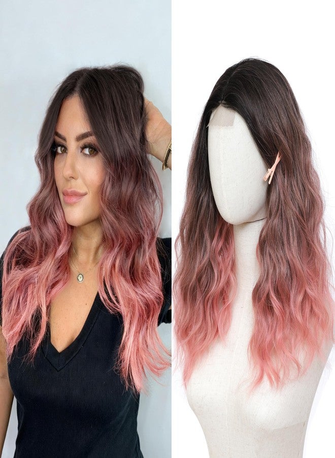 BUPPLER باروكة بوبلر، طول 18 بوصة، متوسطة الطول، شعر صناعي مموج، فرق في المنتصف، خصلات محسّنة، باروكة شعر طبيعي للاستخدام اليومي، الحفلات/الهالوين، 18 بوصة، تدرج لوني من الداكن إلى الوردي - Image 1