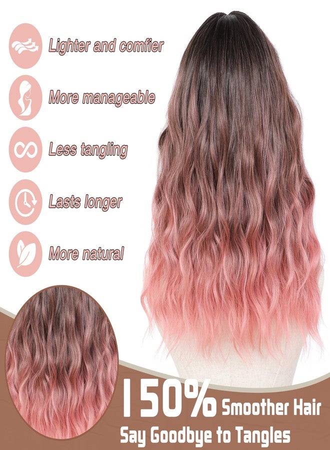 BUPPLER باروكة بوبلر، طول 18 بوصة، متوسطة الطول، شعر صناعي مموج، فرق في المنتصف، خصلات محسّنة، باروكة شعر طبيعي للاستخدام اليومي، الحفلات/الهالوين، 18 بوصة، تدرج لوني من الداكن إلى الوردي - Image 4