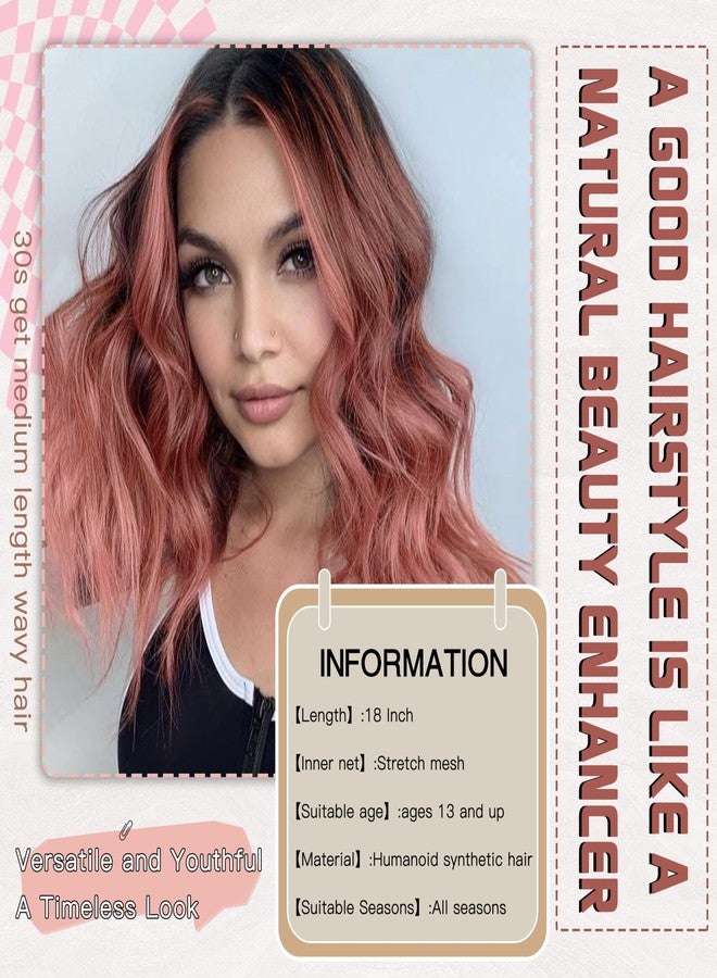 BUPPLER باروكة بوبلر، طول 18 بوصة، متوسطة الطول، شعر صناعي مموج، فرق في المنتصف، خصلات محسّنة، باروكة شعر طبيعي للاستخدام اليومي، الحفلات/الهالوين، 18 بوصة، تدرج لوني من الداكن إلى الوردي - Image 2