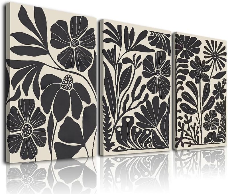 KBKBART مجموعة فن الجدران القماشية المؤطرة KBKBART من 3 قطع، فن زهور تجريدي بسيط لفن الجدران لغرفة المعيشة، ديكور جدران بأسلوب بوهيمي، طباعة فن زهور نباتية سوداء حديثة للحمام، غرفة النوم - Image 1