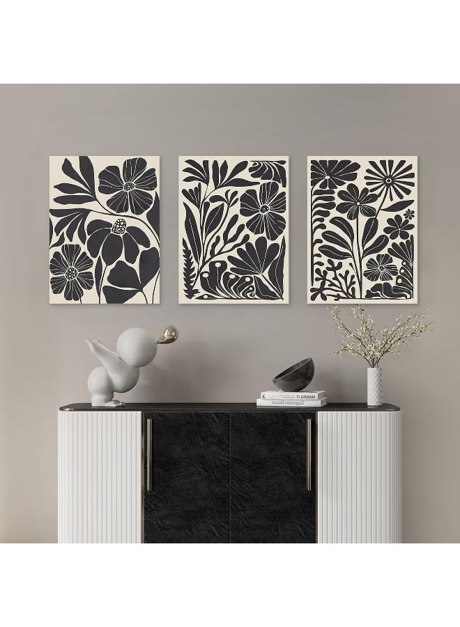 KBKBART مجموعة فن الجدران القماشية المؤطرة KBKBART من 3 قطع، فن زهور تجريدي بسيط لفن الجدران لغرفة المعيشة، ديكور جدران بأسلوب بوهيمي، طباعة فن زهور نباتية سوداء حديثة للحمام، غرفة النوم - Image 5