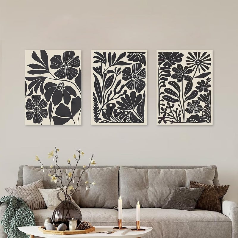 KBKBART مجموعة فن الجدران القماشية المؤطرة KBKBART من 3 قطع، فن زهور تجريدي بسيط لفن الجدران لغرفة المعيشة، ديكور جدران بأسلوب بوهيمي، طباعة فن زهور نباتية سوداء حديثة للحمام، غرفة النوم - Image 4