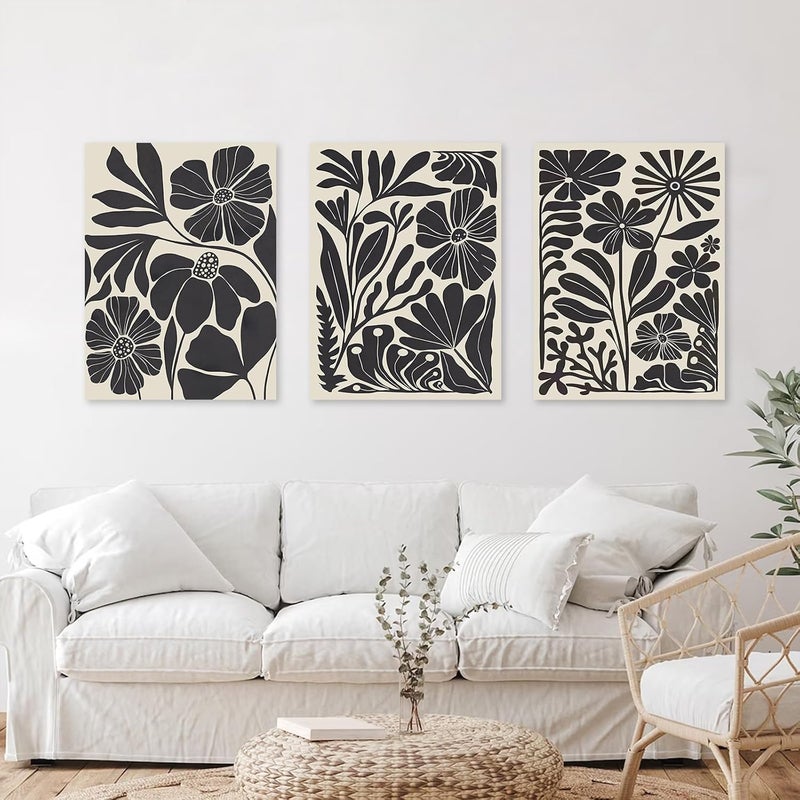 KBKBART مجموعة فن الجدران القماشية المؤطرة KBKBART من 3 قطع، فن زهور تجريدي بسيط لفن الجدران لغرفة المعيشة، ديكور جدران بأسلوب بوهيمي، طباعة فن زهور نباتية سوداء حديثة للحمام، غرفة النوم - Image 2