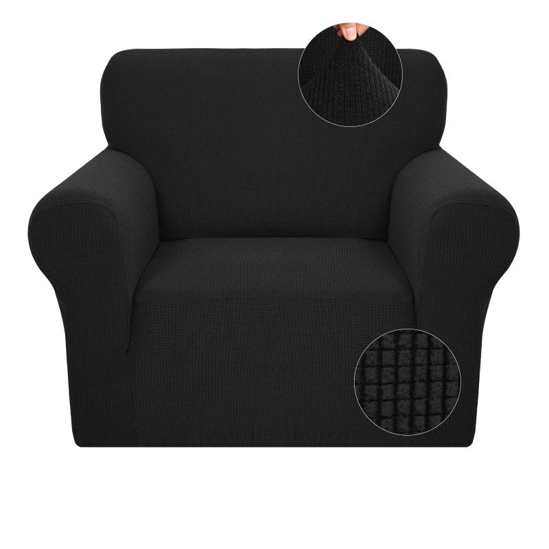 JIVINER Super Stretch Chair Slipcovers with Arms 1Piece Jacquard Small Checks Living Room Armchair Covers Soft Anti Slip Sofa Couch Furniture Protector for Kids Pets Chair Black