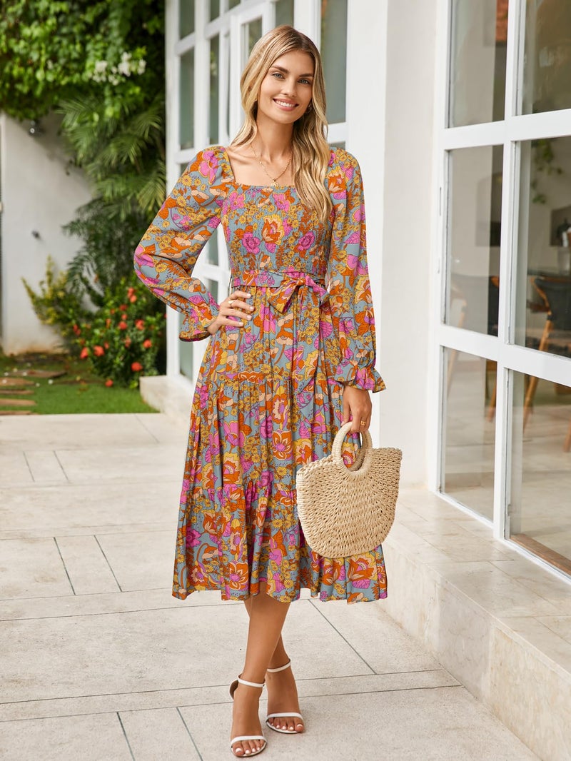 Simplee Apparel Simplee Womens Long Sleeve Maxi Floral Dress Casual Square Neck Long Flowy Boho Dresses Fashion Clothes Floral L - Image 3