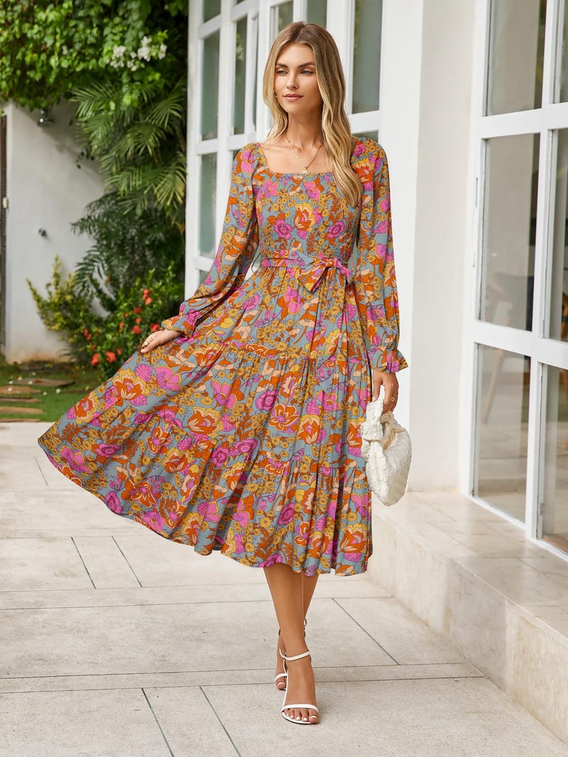 Simplee Apparel Simplee Womens Long Sleeve Maxi Floral Dress Casual Square Neck Long Flowy Boho Dresses Fashion Clothes Floral L - Image 2