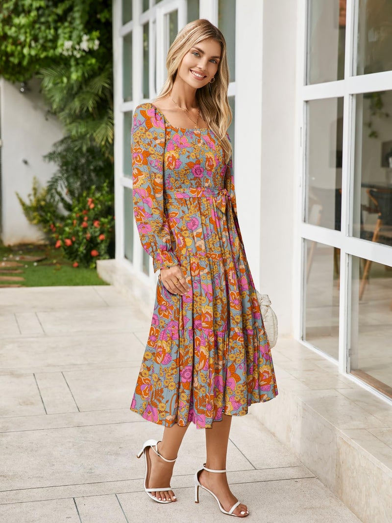 Simplee Apparel Simplee Womens Long Sleeve Maxi Floral Dress Casual Square Neck Long Flowy Boho Dresses Fashion Clothes Floral L - Image 4