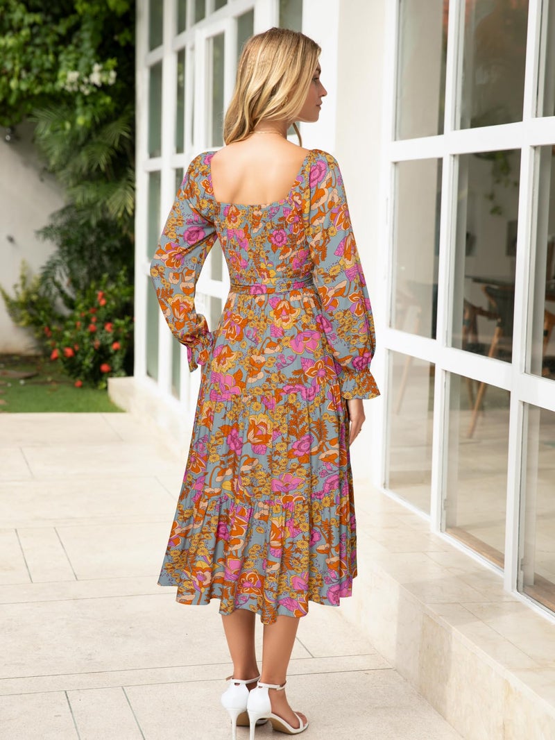 Simplee Apparel Simplee Womens Long Sleeve Maxi Floral Dress Casual Square Neck Long Flowy Boho Dresses Fashion Clothes Floral L - Image 5