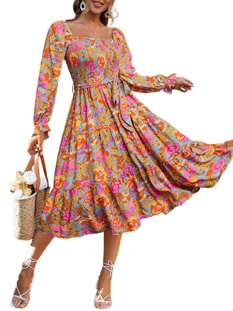Simplee Apparel Simplee Womens Long Sleeve Maxi Floral Dress Casual Square Neck Long Flowy Boho Dresses Fashion Clothes Floral L - Image 1