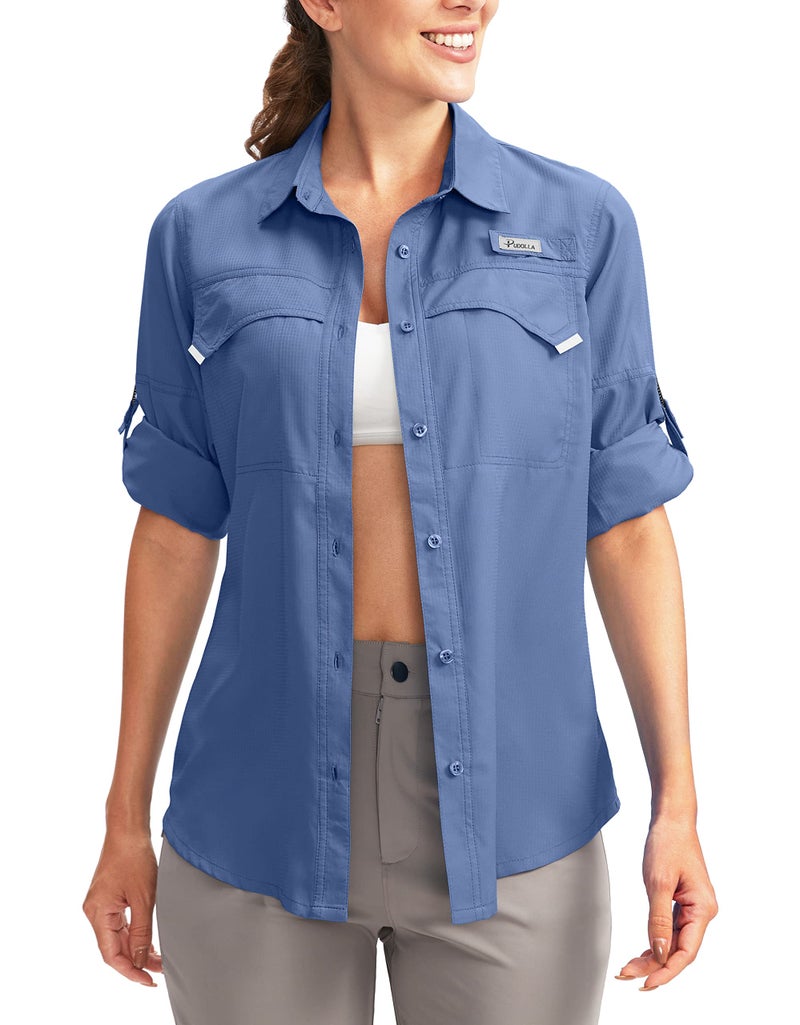 Pudolla Women's UPF 50+ UV Sun Protection Shirts Long Sleeve Fishing Hiking Shirt Cool Lightweight Travel Safari Shirts Dusty Blue M - Image 1