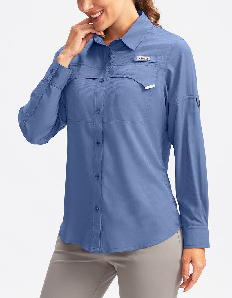 Pudolla Women's UPF 50+ UV Sun Protection Shirts Long Sleeve Fishing Hiking Shirt Cool Lightweight Travel Safari Shirts Dusty Blue M - Image 2