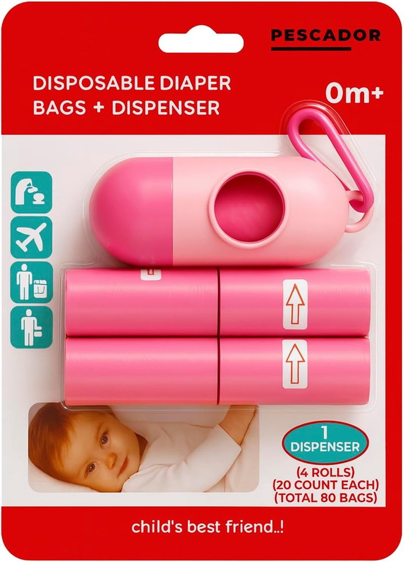 4 Refill Rolls/80 Bags Diaper Bags Disposable for Baby, Waste Bags with Dispenser, Convenient and Quick Diaper Disposal (PINK) - Image 1