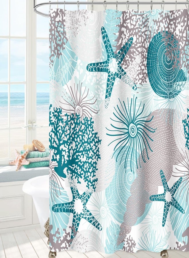 MAYZUS Long Shower Curtain 72 x 78 Inch, Teal Blue Tall Beach Ocean Themed Fabric Shower Curtain, Summer Tropical Seashell Starfish Coral Nautical Coastal Shower Curtains for Bathroom Decor - Image 1
