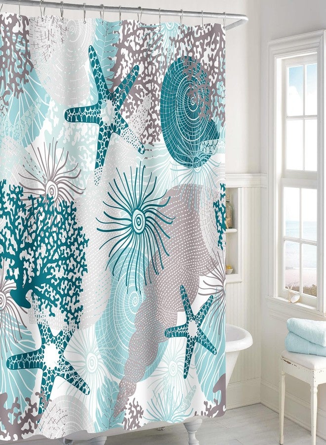 MAYZUS Long Shower Curtain 72 x 78 Inch, Teal Blue Tall Beach Ocean Themed Fabric Shower Curtain, Summer Tropical Seashell Starfish Coral Nautical Coastal Shower Curtains for Bathroom Decor - Image 2