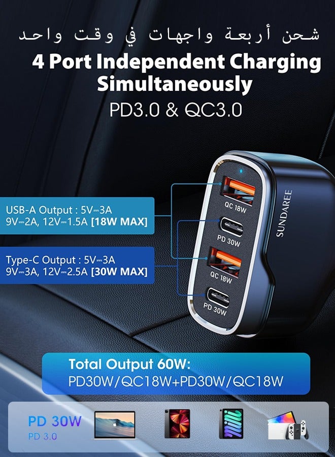 SUNDAREE شاحن سيارة سريع 3.1 ، شاحن سيارة سريع ، 60W USB شاحن سيارة متعددة المنافذ USB جيم شاحن متوافق مع اي فون 15 برو ماكس بلس / 14 / 15 سامسونج S23 / S20 - Image 2