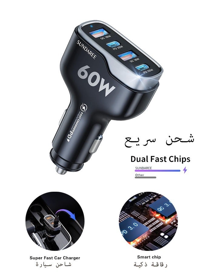 SUNDAREE شاحن سيارة سريع 3.1 ، شاحن سيارة سريع ، 60W USB شاحن سيارة متعددة المنافذ USB جيم شاحن متوافق مع اي فون 15 برو ماكس بلس / 14 / 15 سامسونج S23 / S20 - Image 1