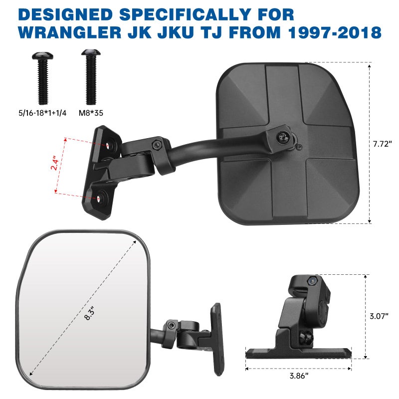 SHEJISI Wrangler Mirrors Doors Off Compatible with Wrangler JK TJ & Unlimited 1997-2018,Wrangler Mirrors Can be Folded and Reset When Encountering Obstacles,The HD Large Field of View is Anti-shaking - Image 2
