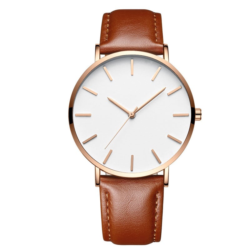 Foreign trade hot selling simple fashion Mens belt watch trend ultra-thin student quartz watch wholesale Rose gold white face brown belt 