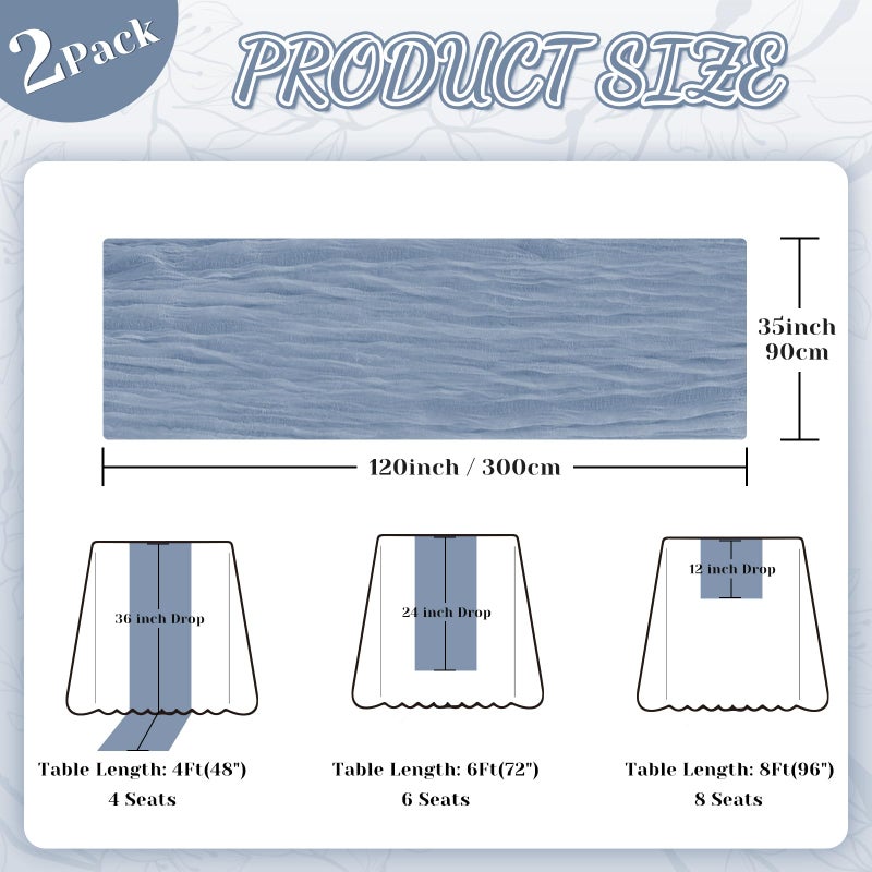 Jamestry 2 Pack Dusty Blue Cheesecloth Table Runner, 10Ft Boho Gauze Cheese Cloth Table Runners for Wedding, Party, Dinner, Baby Shower, 120 Inches Long Table Runner for Easter, Father's Day Decor - Image 4