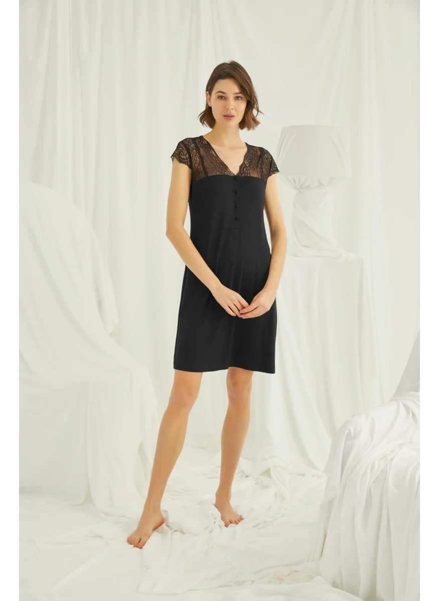 Monamise Women's Nightgown with Lace Sleeves, Shoulders and Collar and Buttons in the Front