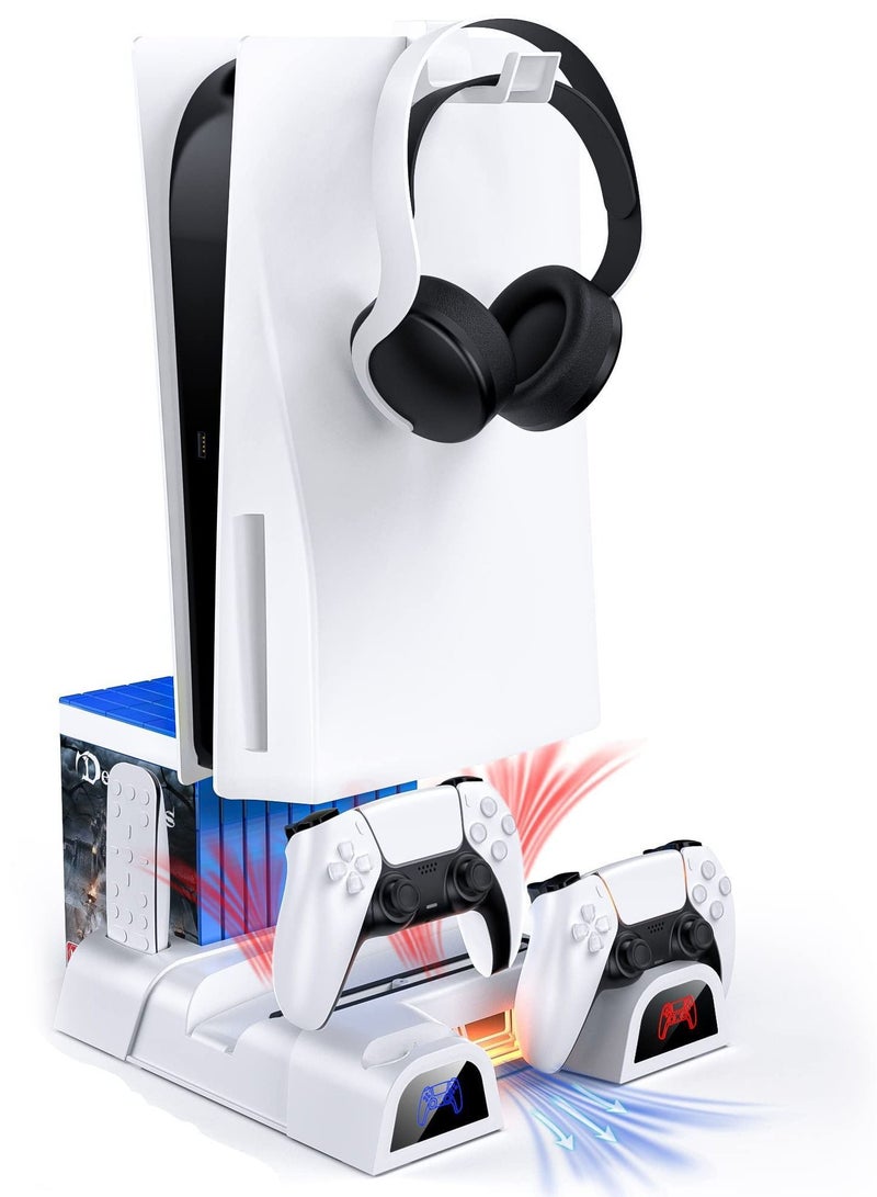 Y&D Gaming Console Cooling Charging Dock for PS 5 with Headphone 10 Disc 2 Handles Gamepads Stand Rack Digital Edition Dual Controller Charger AC Adapter 3-Level Adjustable Speed Fan [video - Image 1