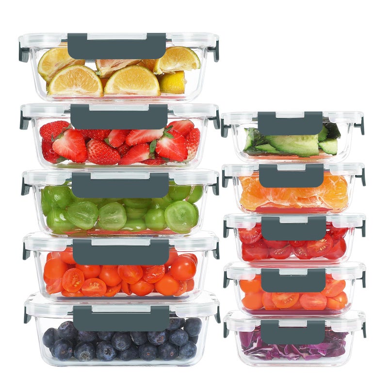 KOMUEE 10 Pack Glass Food Storage Containers, Meal Prep Containers with Lids, Airtight Glass Lunch Boxes, Freezer, Oven, and Microwave Safe - Image 1